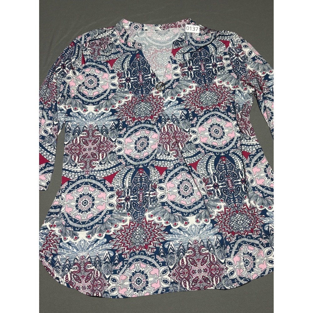 Valolia Womens Boho Mandala Print V-Neck Tunic Top Blue Pink XL